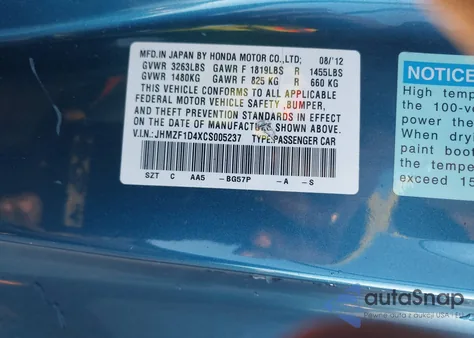 2012 Honda Cr-Z from USA, damaged, VIN JHMZF1D4XCS005237